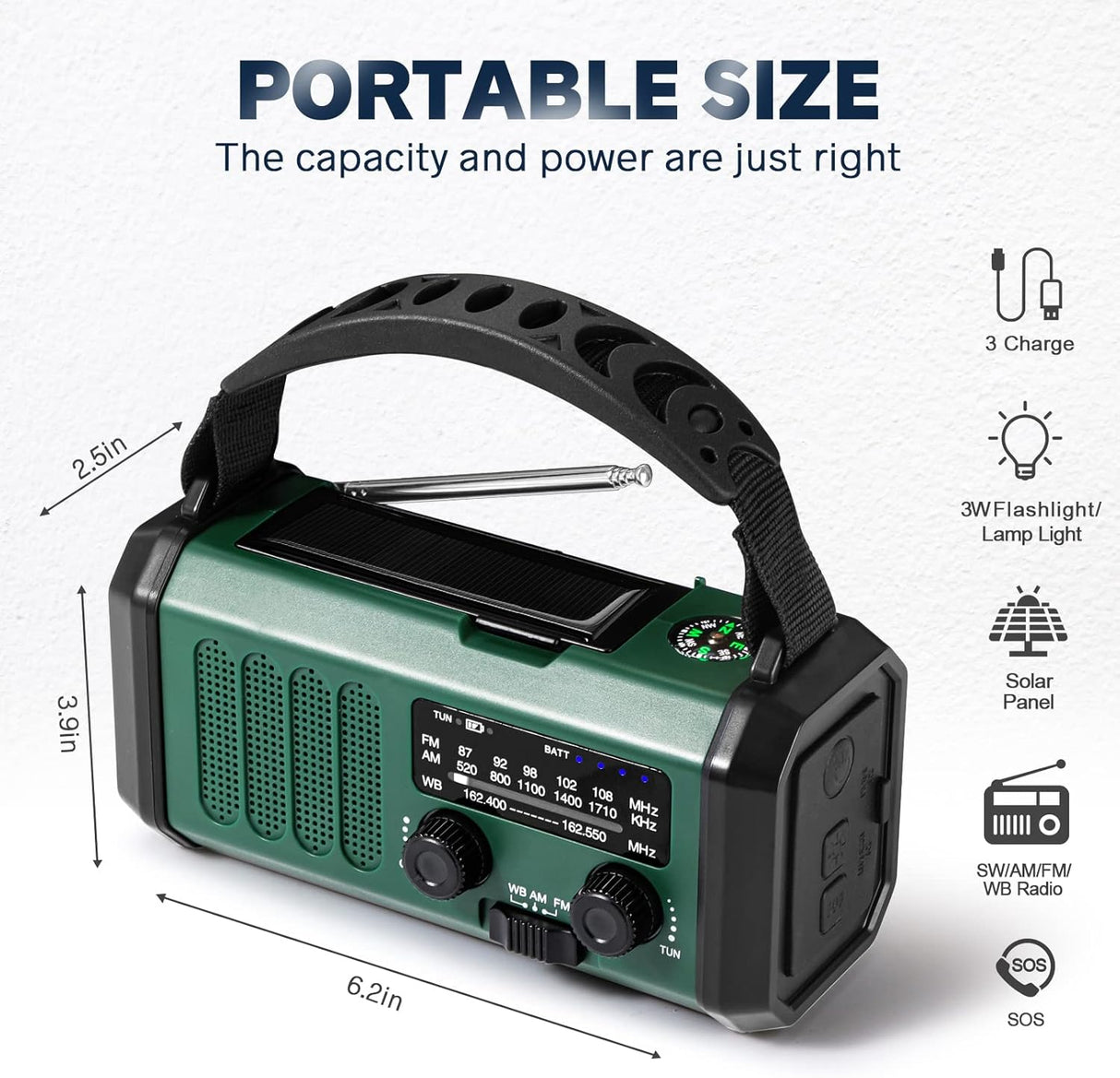 Solar Powered Emergency Radio with AM/FM, Rechargeable Battery, Flashlight, Reading Light and Phone Charger for Indoor Outdoor Use