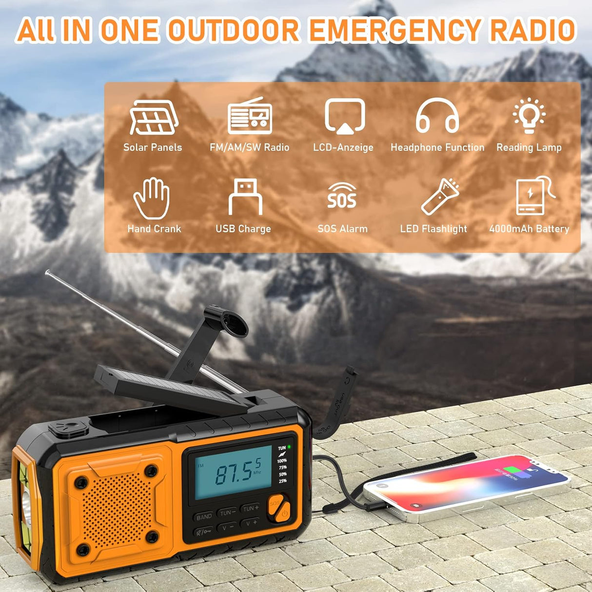 Emergency Radio Flashlight 4000mAh Hand Crank Portable AM/FM Radio for Camping Outdoor Emergencies Orange
