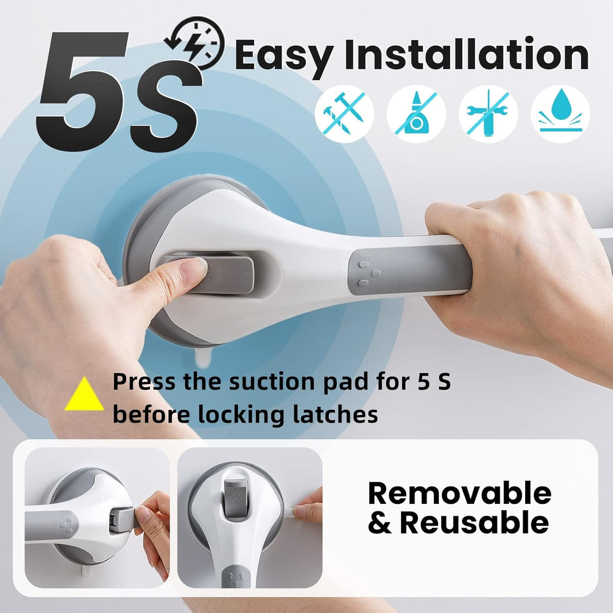 Grab Bars for Bathtubs and Showers 2 Pack Sucti Grab Bar, Heavy Duty Shower Handle Removable Bath Handrails for Seniors and Elderly, Bathroom Safety Grip No Drilling Waterproof,Grey