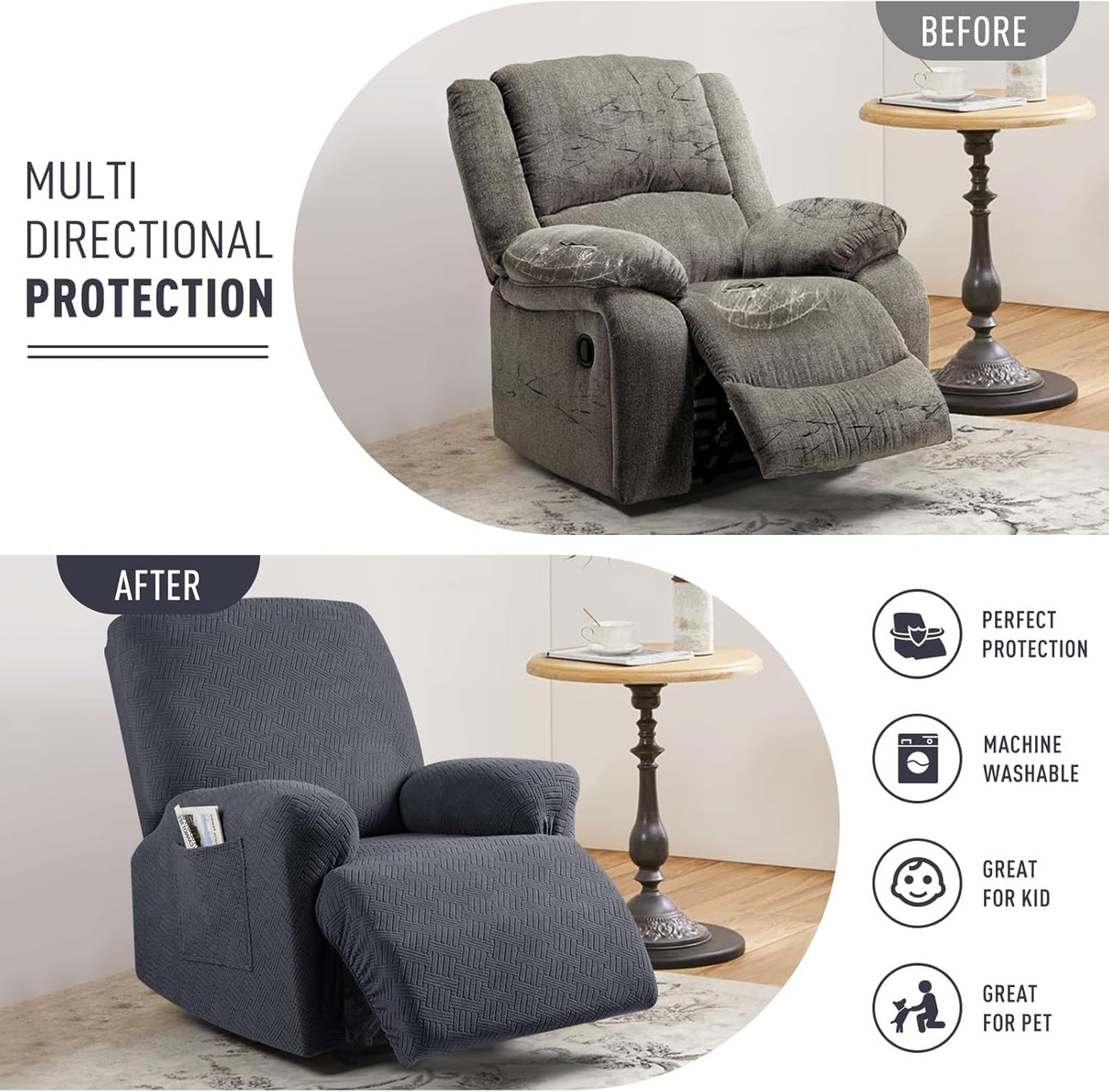 Recliner Covers, Stretch Reclining Chair Covers, Recliner Sofa Slipcovers Stripe Jacquard Recliner Couch Covers Furniture Protector Covers for Pet Kid (1 Seater, Deep Gray)