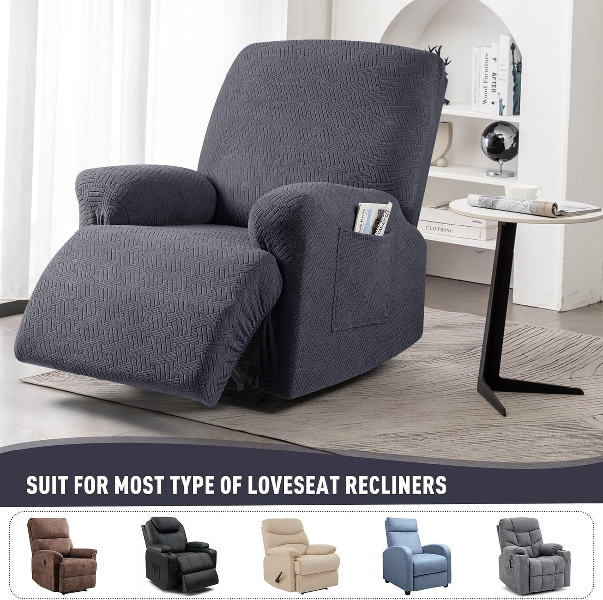 Recliner Covers, Stretch Reclining Chair Covers, Recliner Sofa Slipcovers Stripe Jacquard Recliner Couch Covers Furniture Protector Covers for Pet Kid (1 Seater, Deep Gray)