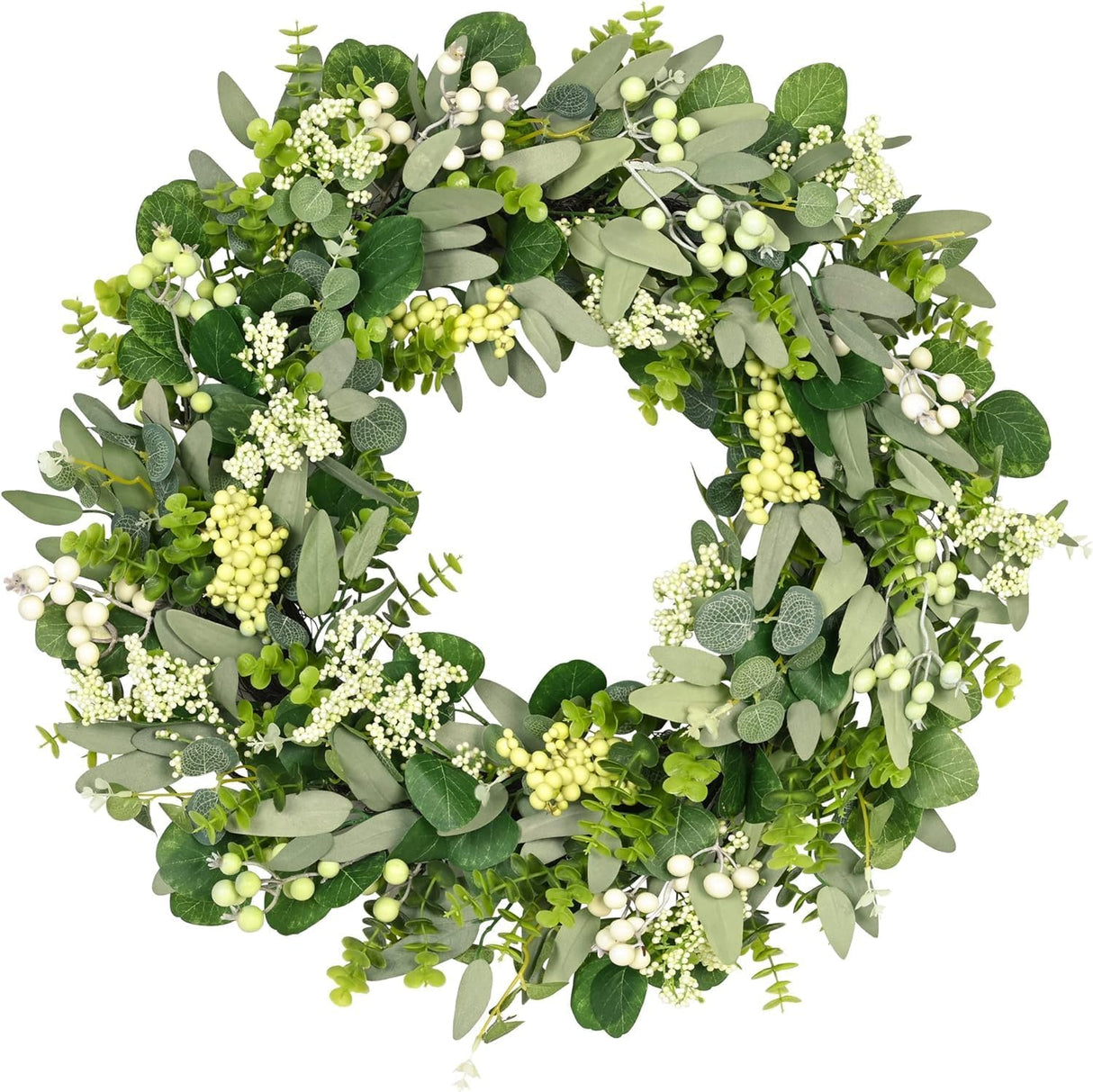 Green Eucalyptus Leaves Front Door Wreath, 24 Inch Artificial Spring Summer Greenery Wreath Front Door Decoration Boxwood with Big Berries Farmhouse Outdoor Year-Round - Indoor/Outdoor
