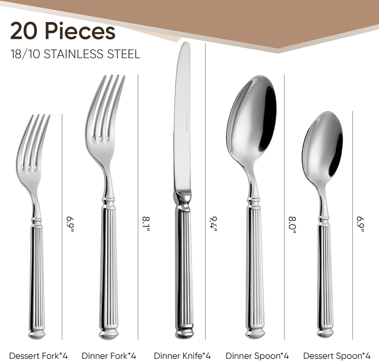 20 Pieces Silverware Set, Premium 18/10 Stainless Steel Flatware Set, Luxury Cutlery Set for 4, Dishwasher Safe for Home and Kitchen with Relief Patterns Handle, Party, Wedding, Silver