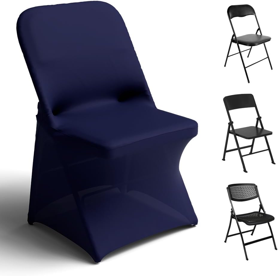 Spandex Folding Chair Covers 100 Pcs Universal Fitted Stretchy Dining Chair Slipcovers for Wedding Party Banquet Flat-Front Chair Cover (Navy Blue)