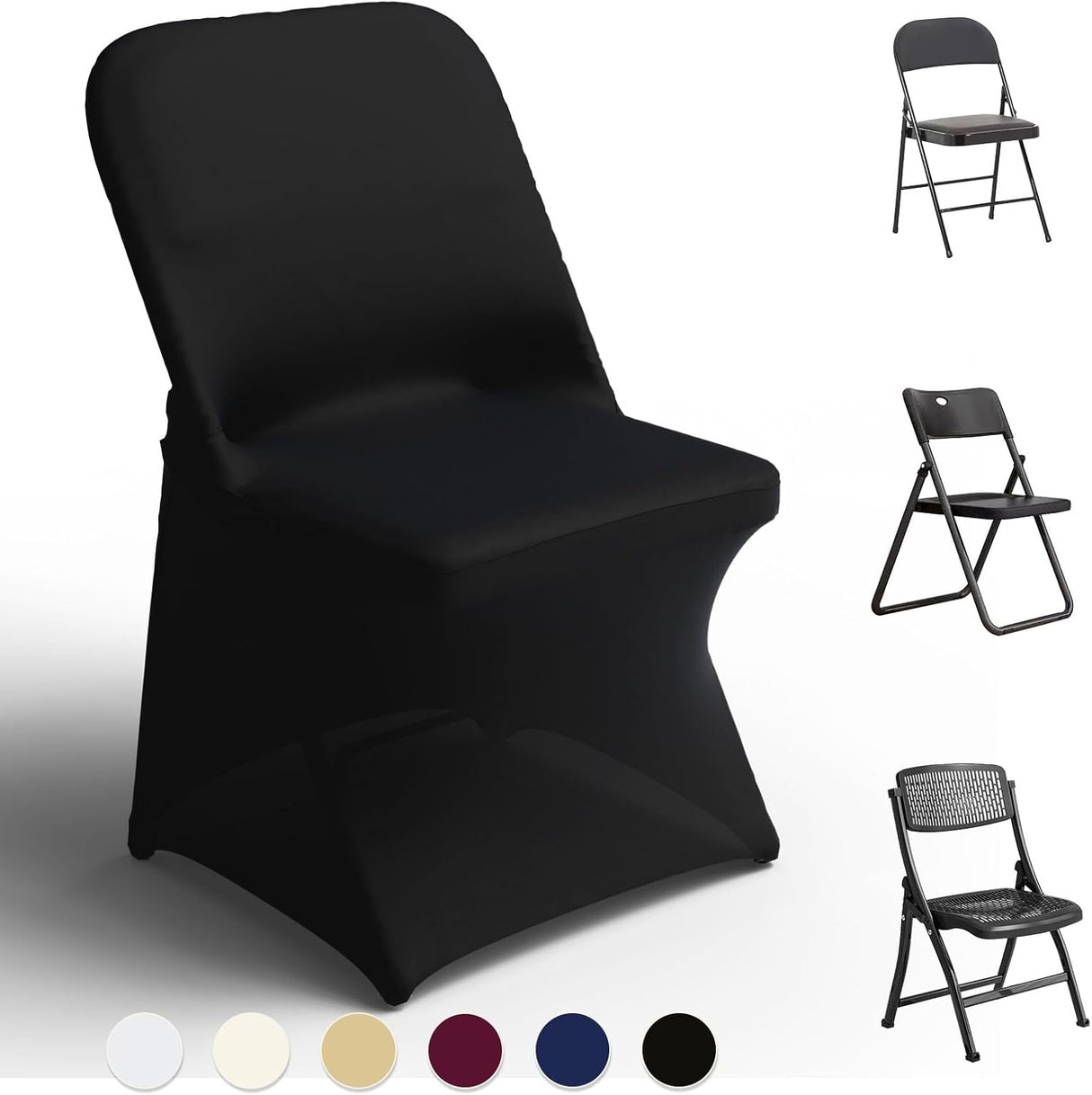 Spandex Folding Chair Covers 100 Pcs Universal Fitted Stretchy Dining Chair Slipcovers for Wedding Party Banquet Flat-Front Chair Cover (Black)