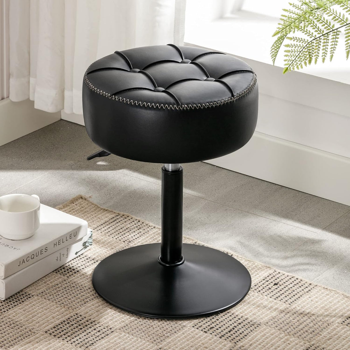 Adjustable Vanity Stool, 360°Swivel Vanity Chair for Makeup Room, Black Stool Chair for Vanity, Small Faux Leather Vanity Stools for Bathroom, Living Room