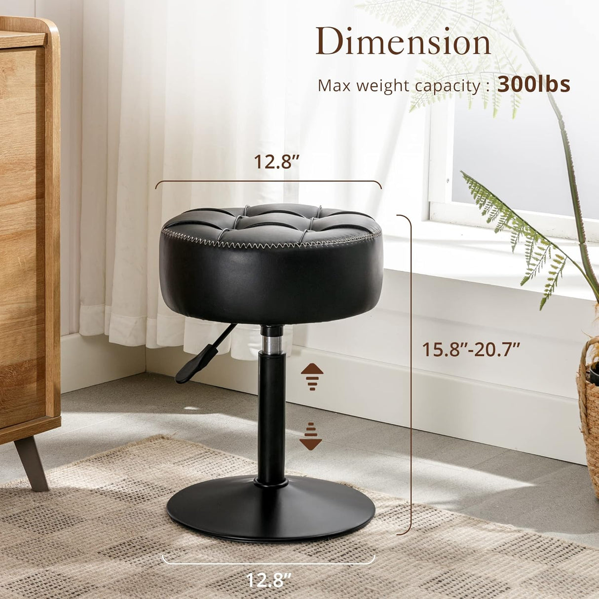 Adjustable Vanity Stool, 360°Swivel Vanity Chair for Makeup Room, Black Stool Chair for Vanity, Small Faux Leather Vanity Stools for Bathroom, Living Room