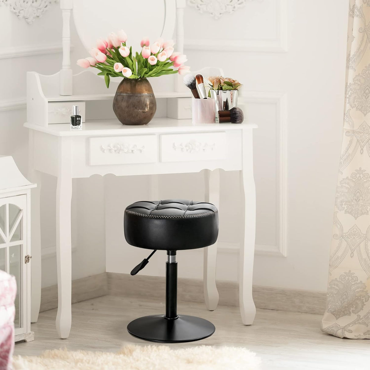 Adjustable Vanity Stool, 360°Swivel Vanity Chair for Makeup Room, Black Stool Chair for Vanity, Small Faux Leather Vanity Stools for Bathroom, Living Room