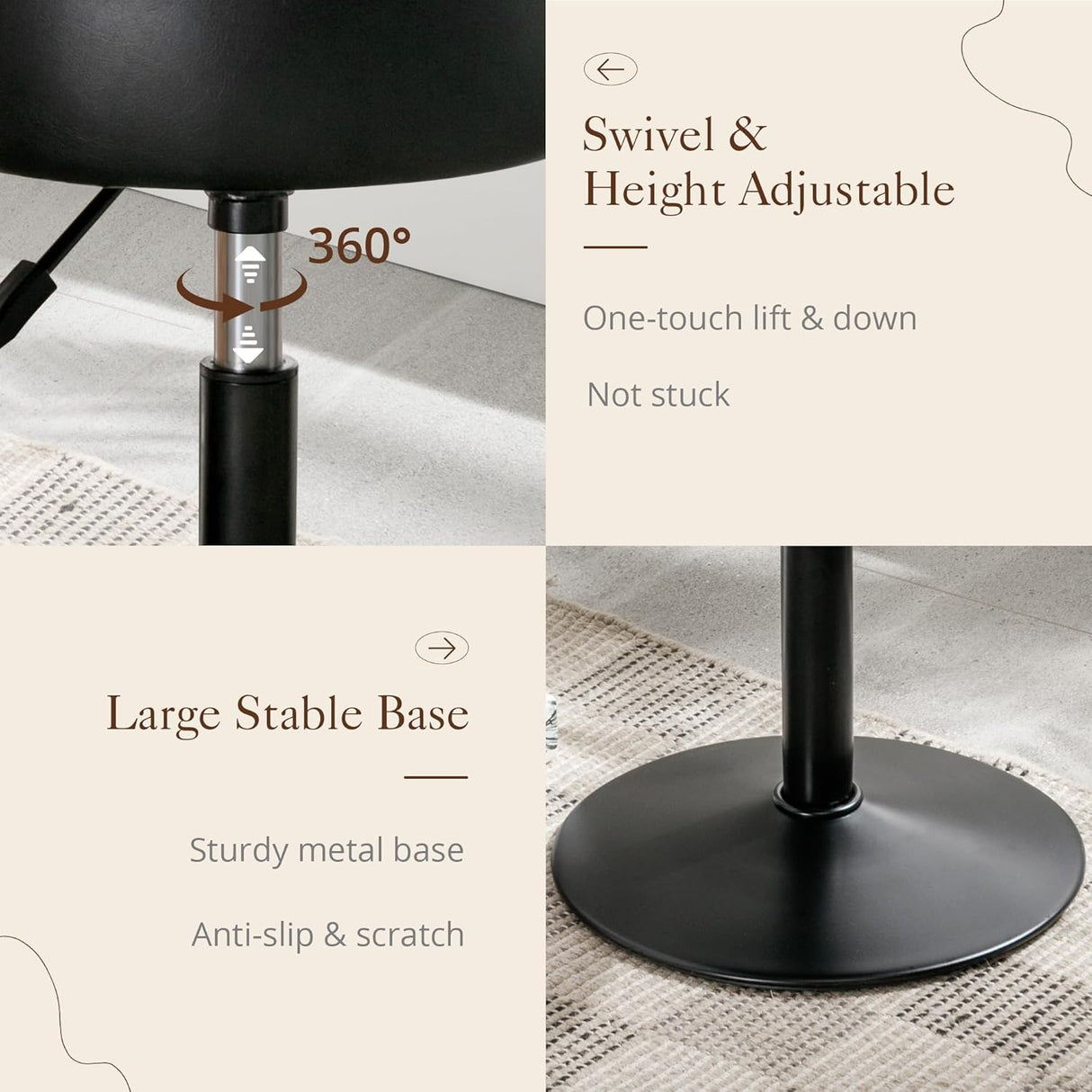 Adjustable Vanity Stool, 360°Swivel Vanity Chair for Makeup Room, Black Stool Chair for Vanity, Small Faux Leather Vanity Stools for Bathroom, Living Room