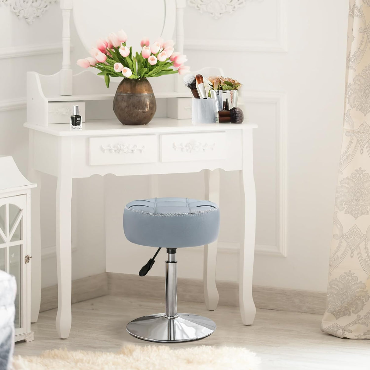 Adjustable Vanity Stool, 360°Swivel Vanity Chair for Makeup Room, Grayish Blue Stool Chair for Vanity, Small Faux Leather Vanity Stools for Bathroom, Living Room
