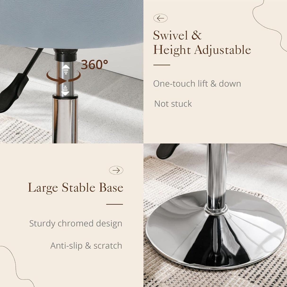 Adjustable Vanity Stool, 360°Swivel Vanity Chair for Makeup Room, Grayish Blue Stool Chair for Vanity, Small Faux Leather Vanity Stools for Bathroom, Living Room