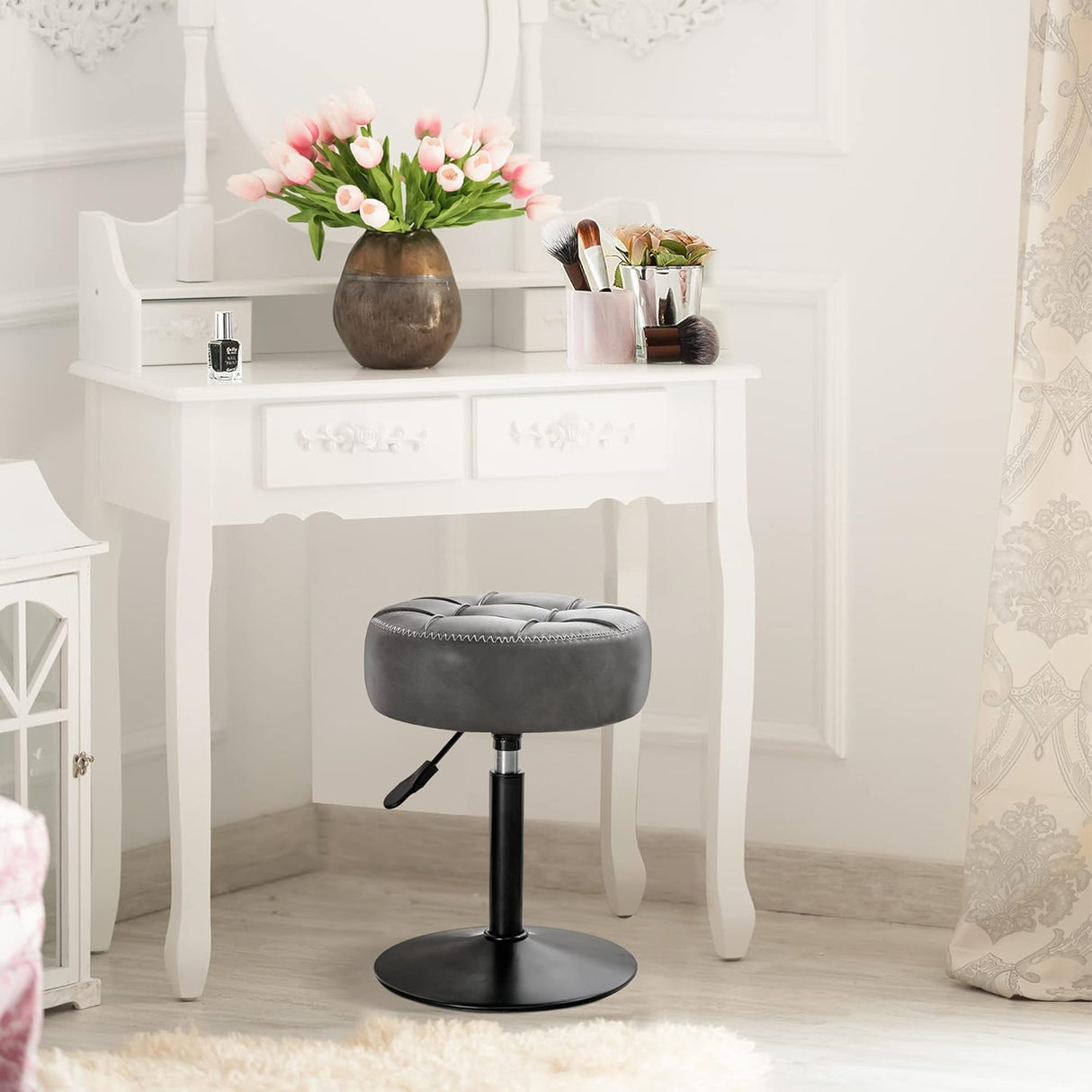 Adjustable Vanity Stool, 360 Swivel Chair for Makeup Room, Gray Faux Leather Stool for Bathroom & Living Room