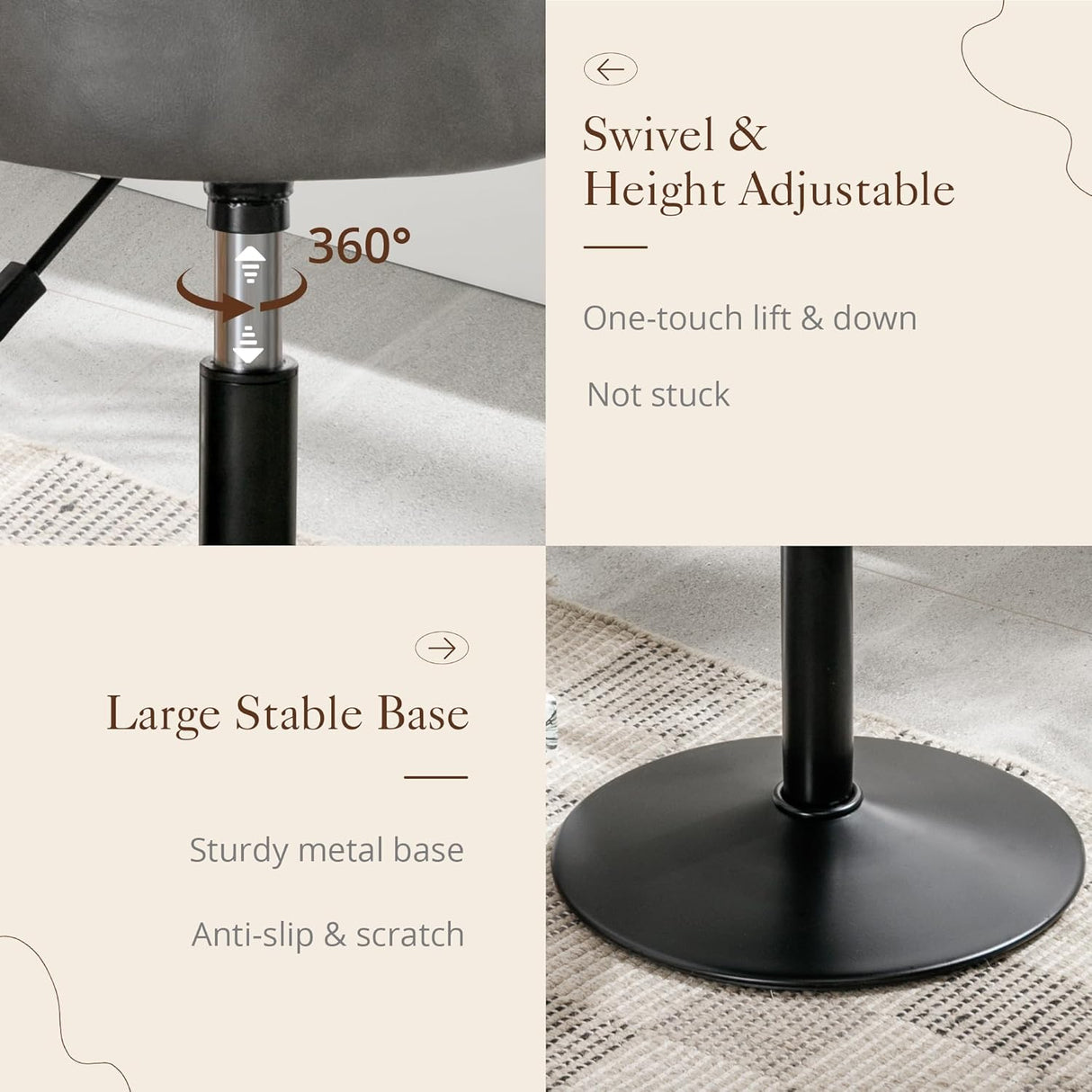 Adjustable Vanity Stool, 360 Swivel Chair for Makeup Room, Gray Faux Leather Stool for Bathroom & Living Room