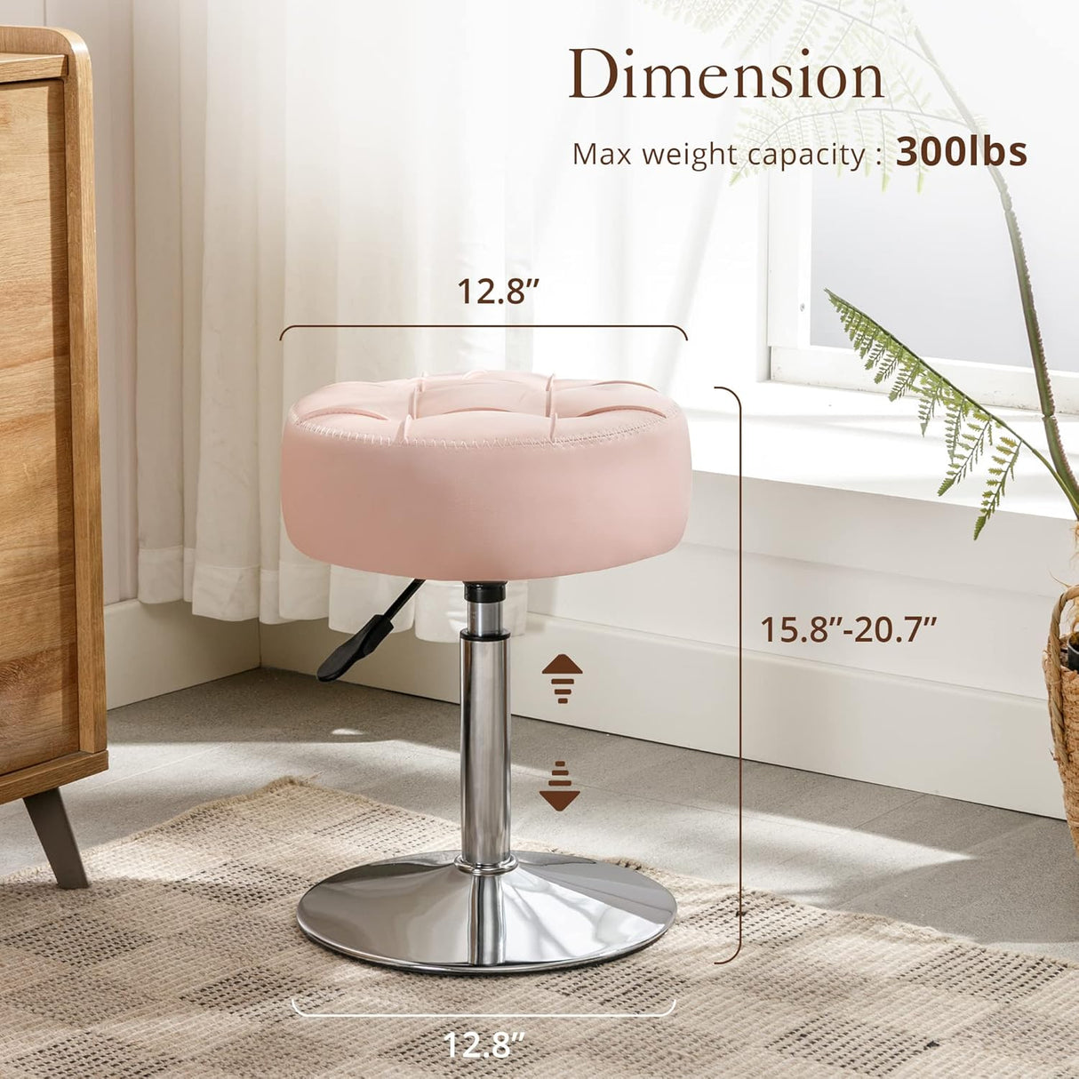 Adjustable Vanity Stool, 360°Swivel Vanity Chair for Makeup Room, Pink Stool Chair for Vanity, Small Faux Leather Vanity Stools for Bathroom, Living Room