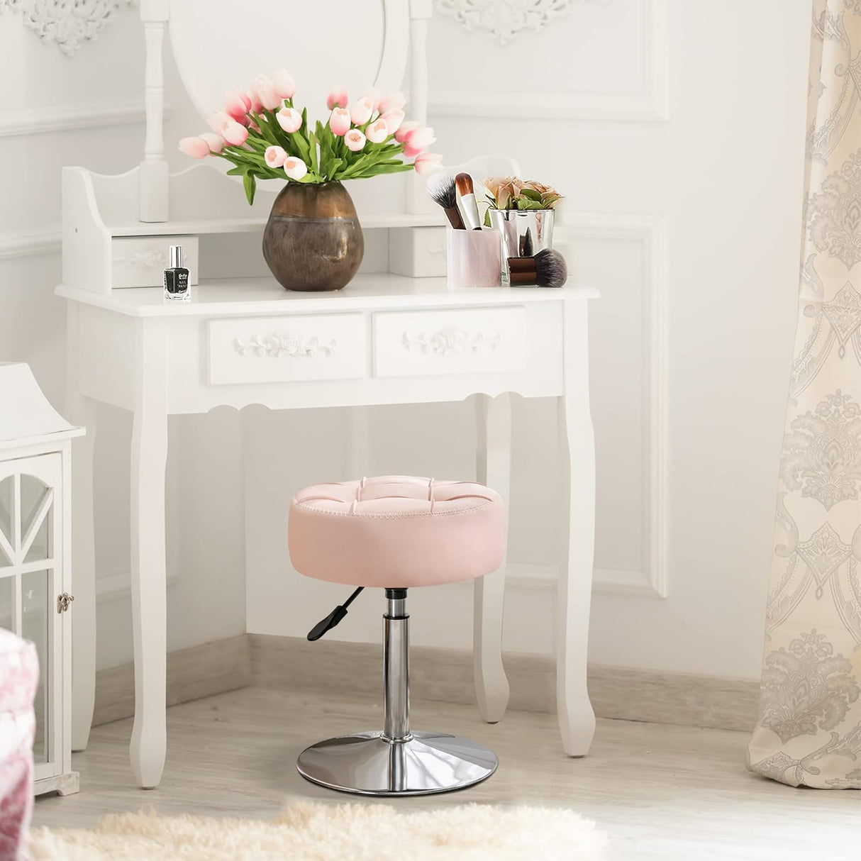 Adjustable Vanity Stool, 360°Swivel Vanity Chair for Makeup Room, Pink Stool Chair for Vanity, Small Faux Leather Vanity Stools for Bathroom, Living Room