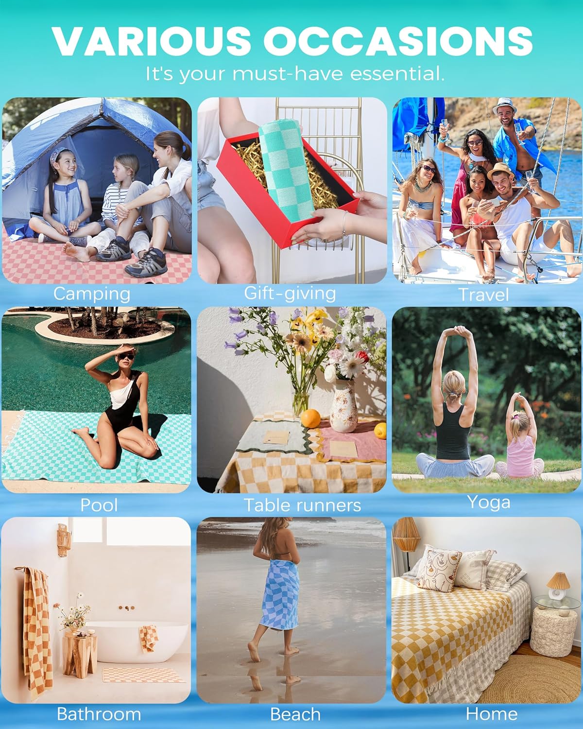 6 Packs Turkish Beach Towel Vacation Essentials Blanket Set Pool Bath Towels Bulk Multipack Travel Sand Free Quick Dry Extra Large Oversized Cute Big Soft Lightweight Compact Checkered Cloud Women