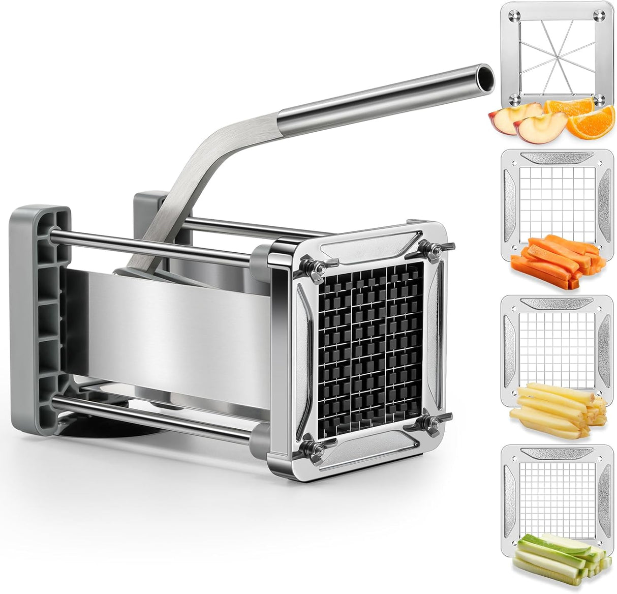 French Fry Cutter, Professional Stainless Steel Potato Cutter with 1/2", 1/4", 3/8" & Wedge Blades for Potatoes, Carrots, Apples