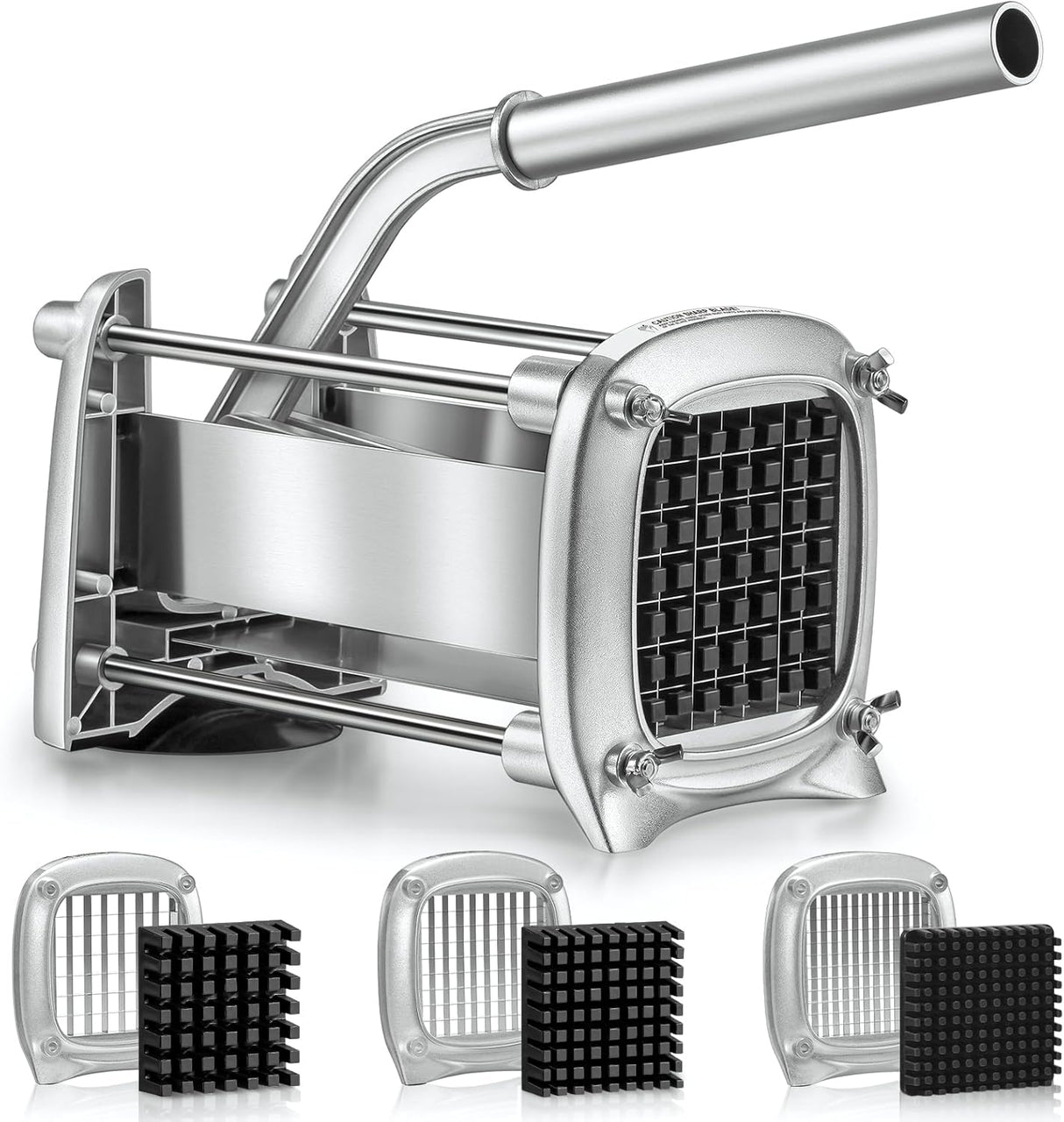 Professional Stainless Steel French Fry Cutter, 3 Blades (1/2", 3/8", 1/4") for Potatoes, Carrots, Apples, Commercial & Home Use