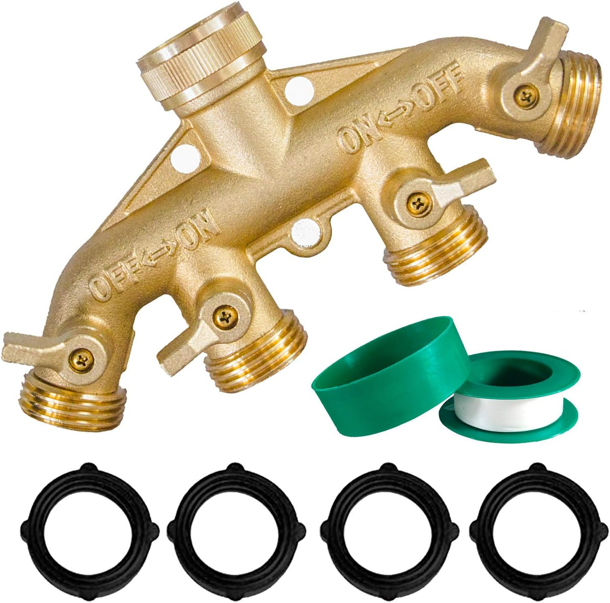 Brass Garden Hose Splitter (4 Way) + 1/2 Inch Push-Fit Full Port Ball Valve