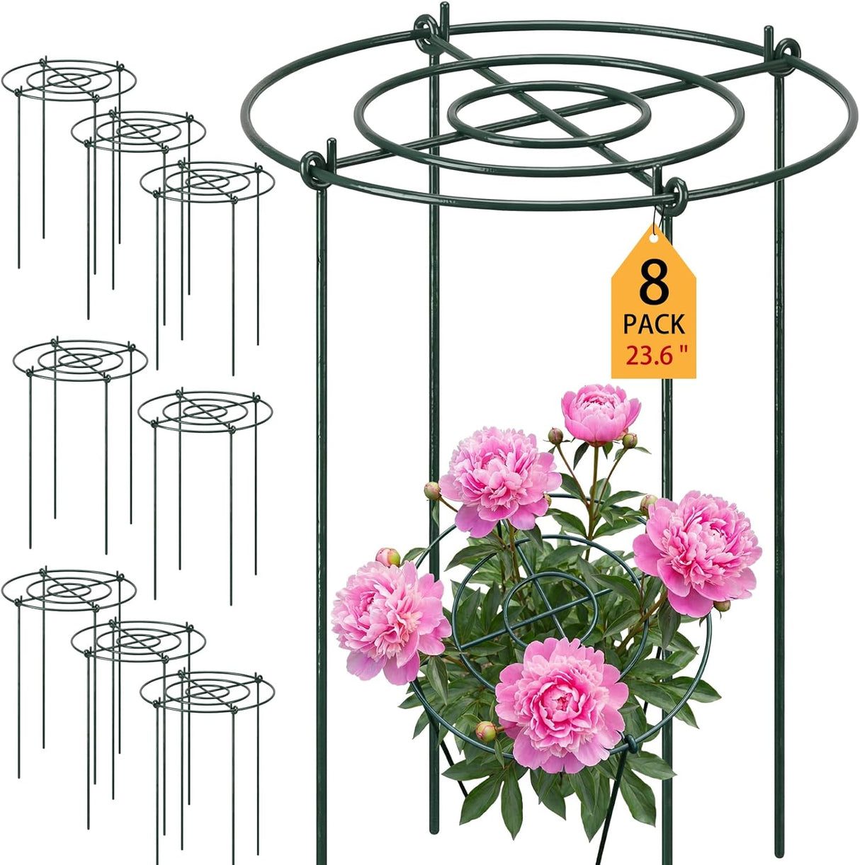 8 Pack 15.7" D x 23.6" H Heavy Duty Peony Cages and Supports, Metal Plant Support Stakes, Flower Support Hoops for Outdoor Garden Roses, Tomatoes, Hydrangeas, Peonies, Sage, Cucumbers