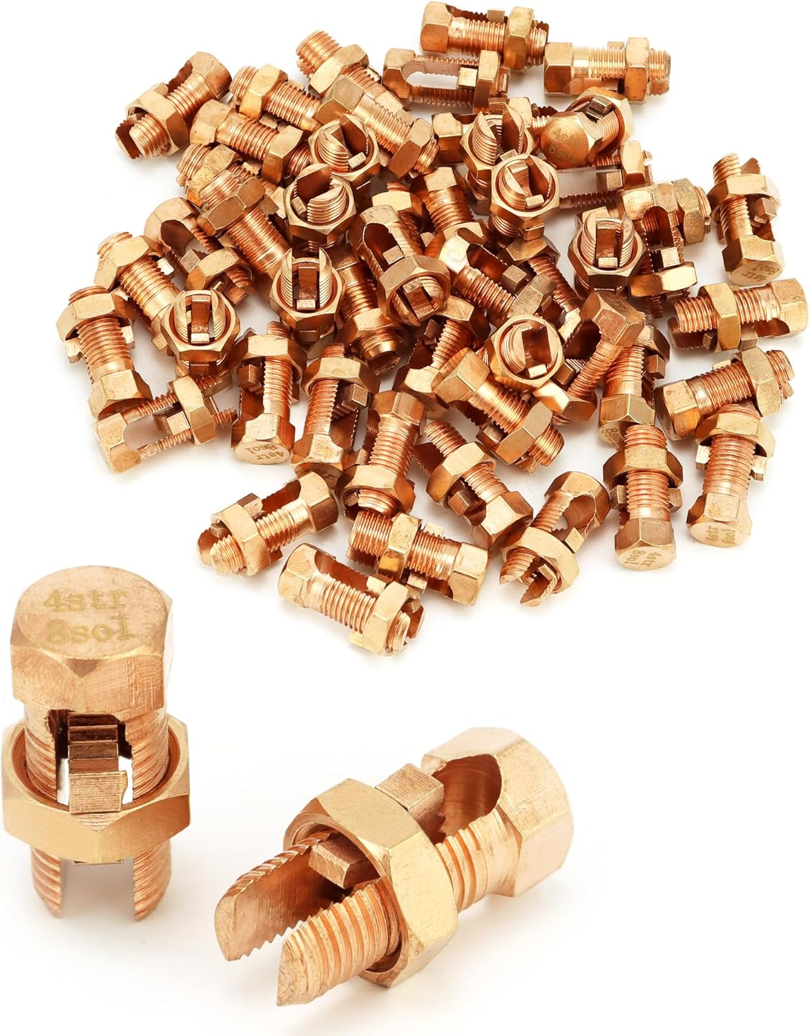 Grounding Split Bolt, 50 Pieces 4 Gauge 8 Gauge High Strength Split Bolt Connectors, Ground Wire Clamp, Solid Copper, for Antenna, Satellite Dish, Cable TV