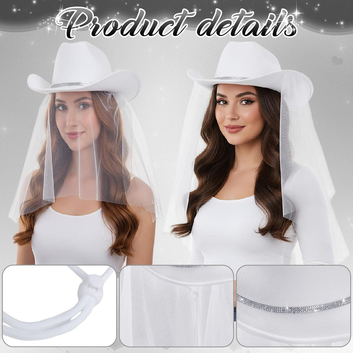 6 Pack Women Cowgirl Cowboy Hats Western Rhinestone Hat for Bachelorette Bridal Shower Wedding Party Dress up