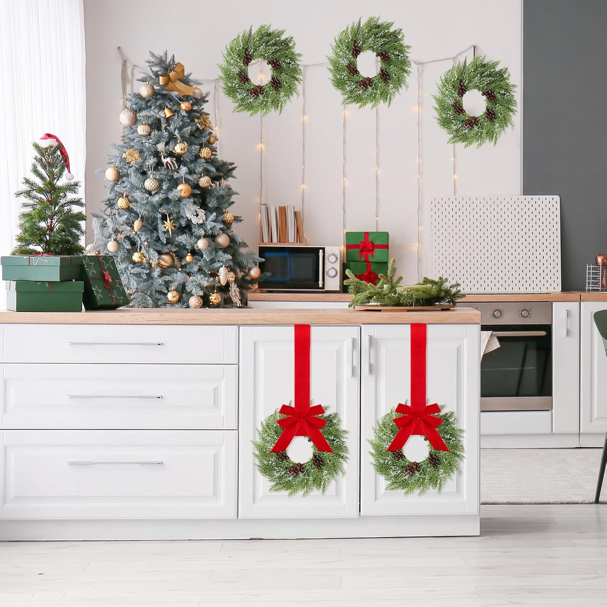 6 Pcs Small Christmas Norfolk Wreaths 15 Inch Christmas Kitchen Cabinet Mini Wreath with Bow Ribbon Cedar Berry for Xmas Front Door Window Chair Fireplace Table Pillar Farmhouse