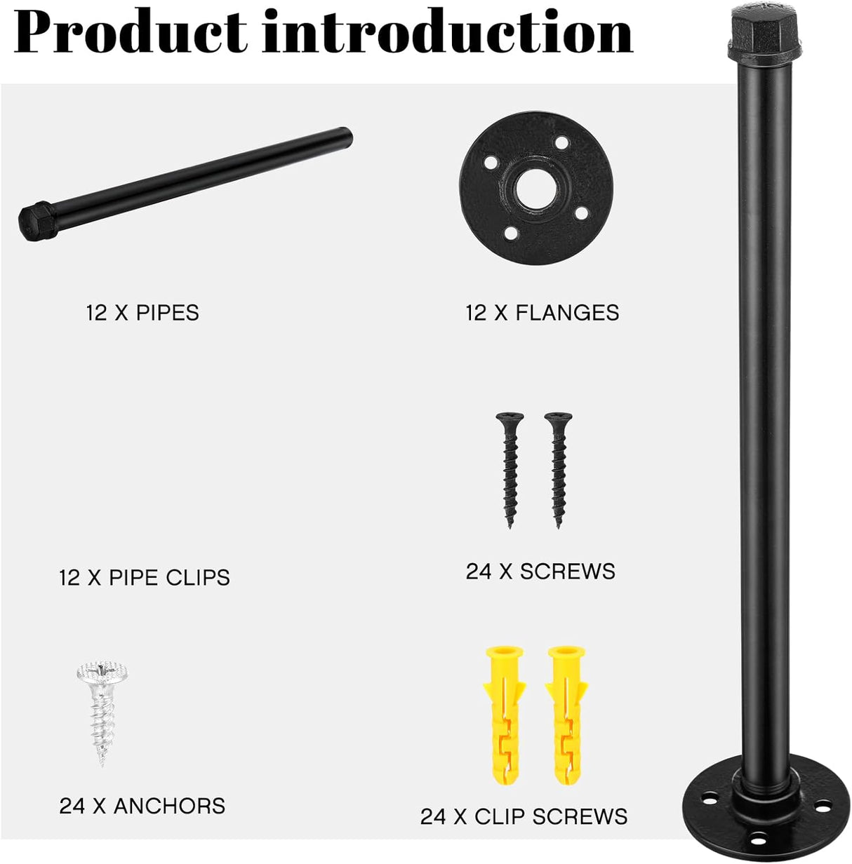 12 Set 12 Inch Industrial Pipe Clothing Rack with Screws Set Wall Mounted Industrial Pipe Clothes Bar Closet Poles for Hanging Clothes Black Clothes Hanging Rod for Retail Boutique Display