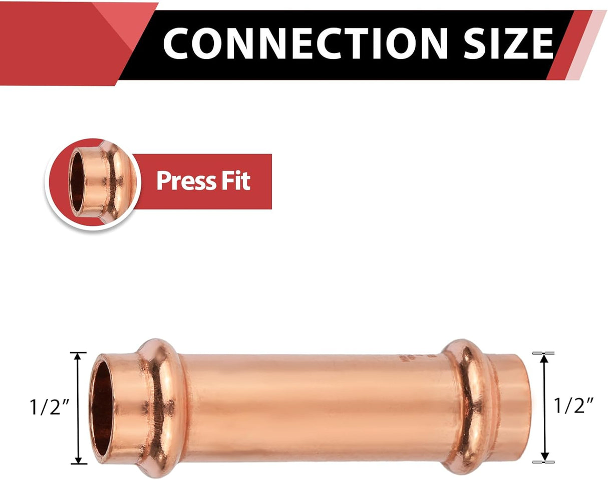 (Pack of 10) 1/2" x 1/2" Copper Press Fit Extended Coupling Fittings, No Stop,(PRESS028)