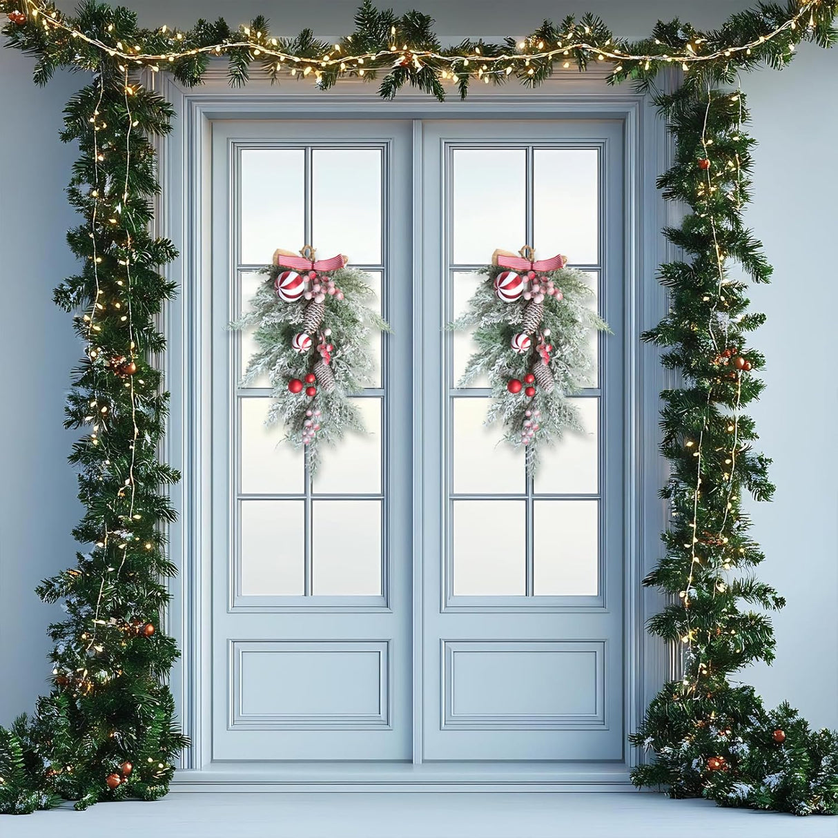 2 PCS 20” Christmas Candy Cane Frosted Pine Needle Teardrop Swag Wreath for Front Door, Xmas Swag with Red White Balls and Berries for Indoor Outdoor, Christmas Window Mailbox Decor Teardrop