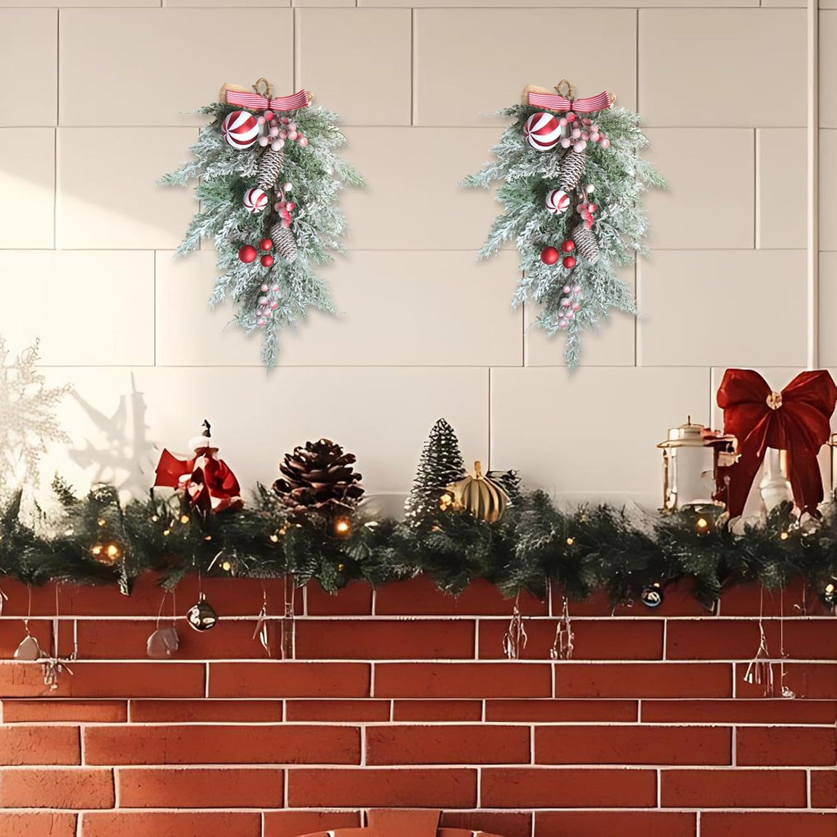 2 PCS 20” Christmas Candy Cane Frosted Pine Needle Teardrop Swag Wreath for Front Door, Xmas Swag with Red White Balls and Berries for Indoor Outdoor, Christmas Window Mailbox Decor Teardrop