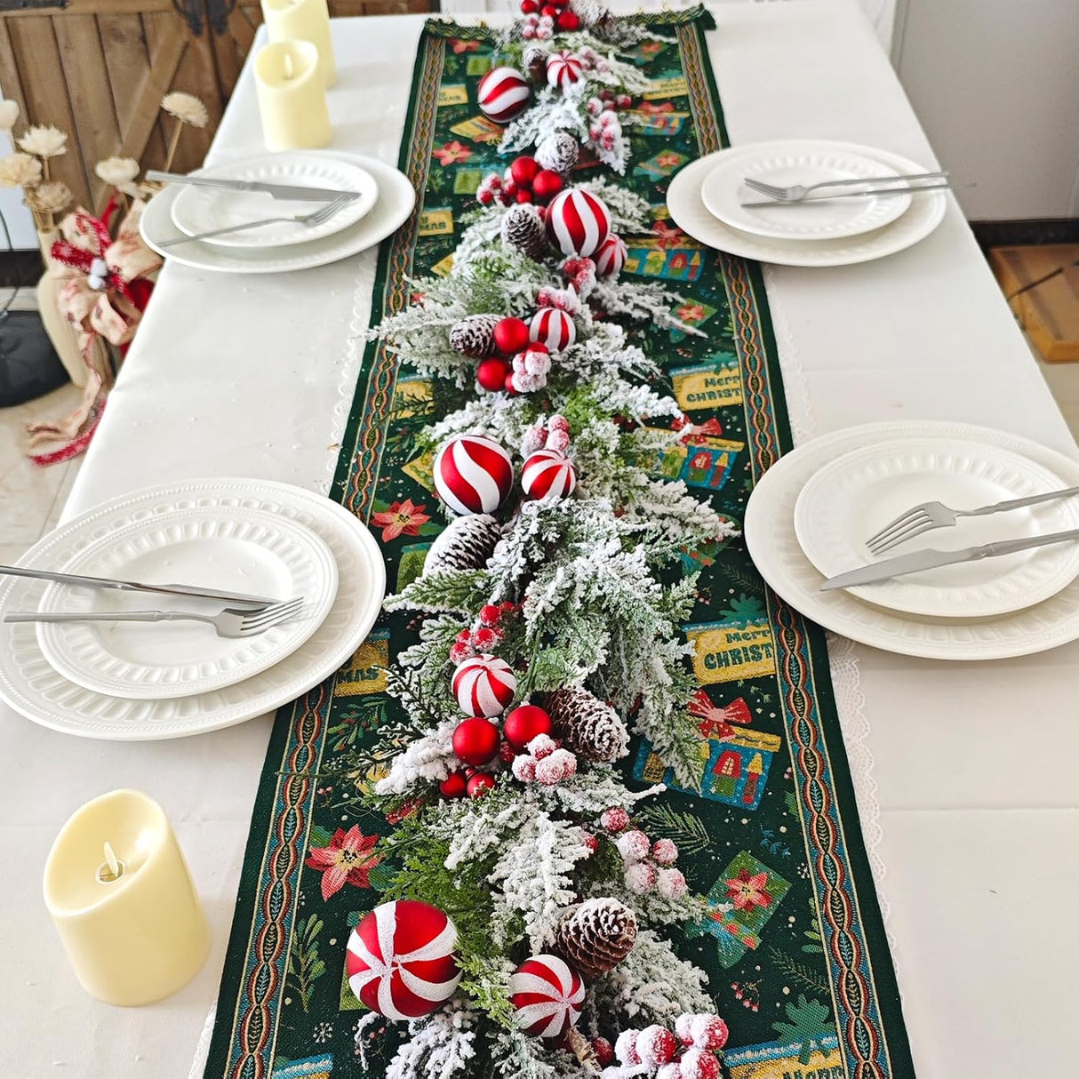 70 Inch Christmas Candy Cane Garland for Front Door, Winter Red White Xmas Holiday Garland for Indoor Outdoor, Christmas Frosted Garland with Berries and Pine Cones