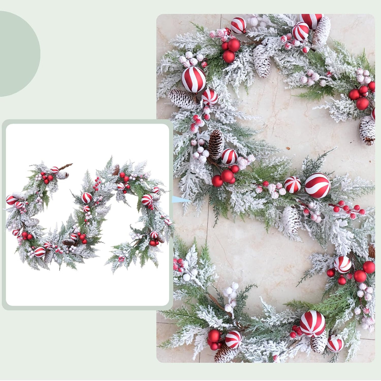 70 Inch Christmas Candy Cane Garland for Front Door, Winter Red White Xmas Holiday Garland for Indoor Outdoor, Christmas Frosted Garland with Berries and Pine Cones