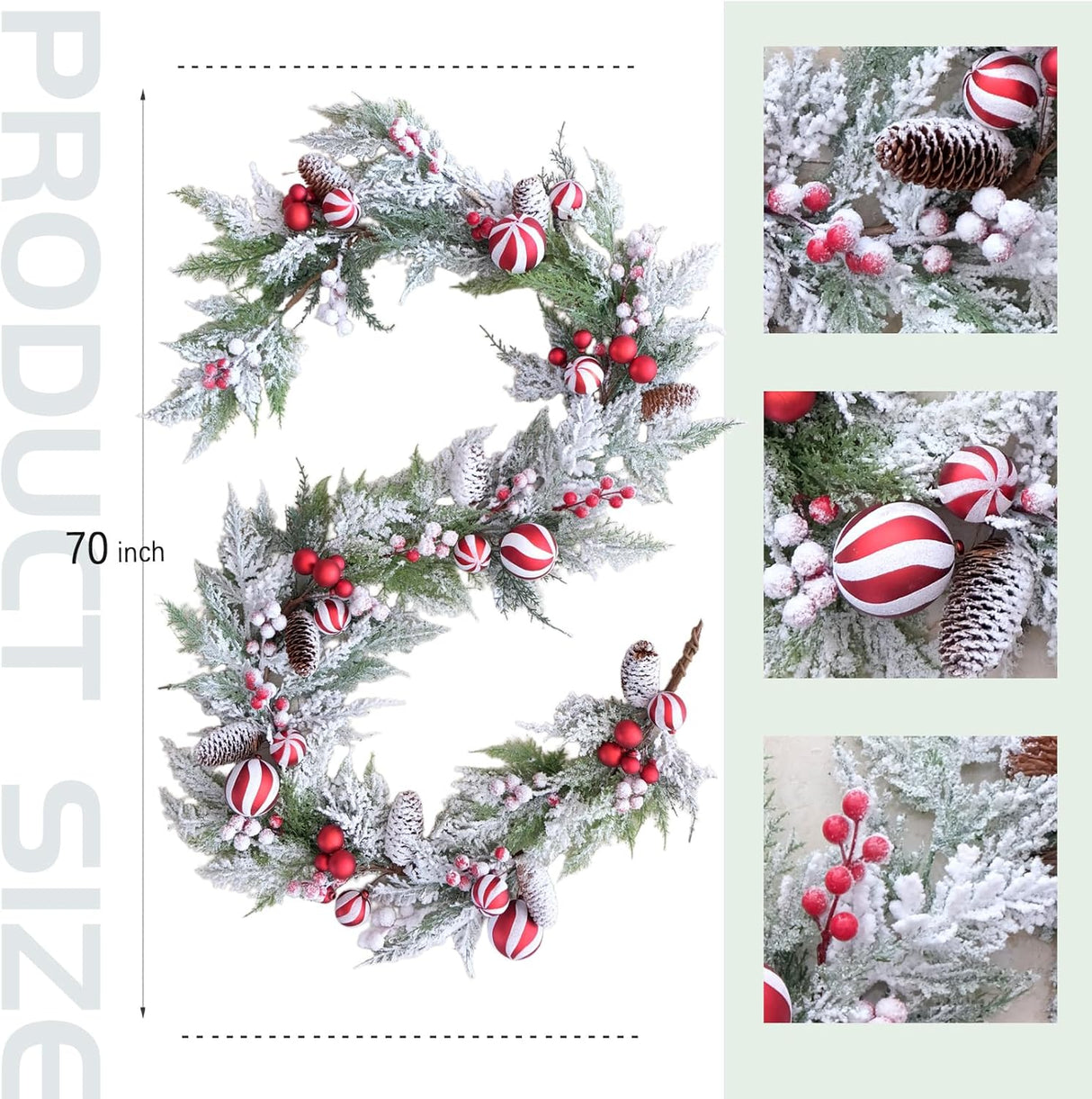 70 Inch Christmas Candy Cane Garland for Front Door, Winter Red White Xmas Holiday Garland for Indoor Outdoor, Christmas Frosted Garland with Berries and Pine Cones