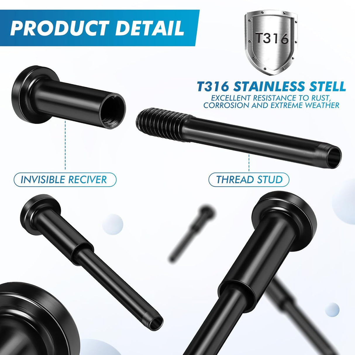 120 Pack Invisible Cable Railing kit, T316 Stainless Steel 1/8" Invisible Receiver and Swage Stud End for Cable Railing, Swage Tensioner 1/8" for Wood/Metal Post, Hardware (Black)