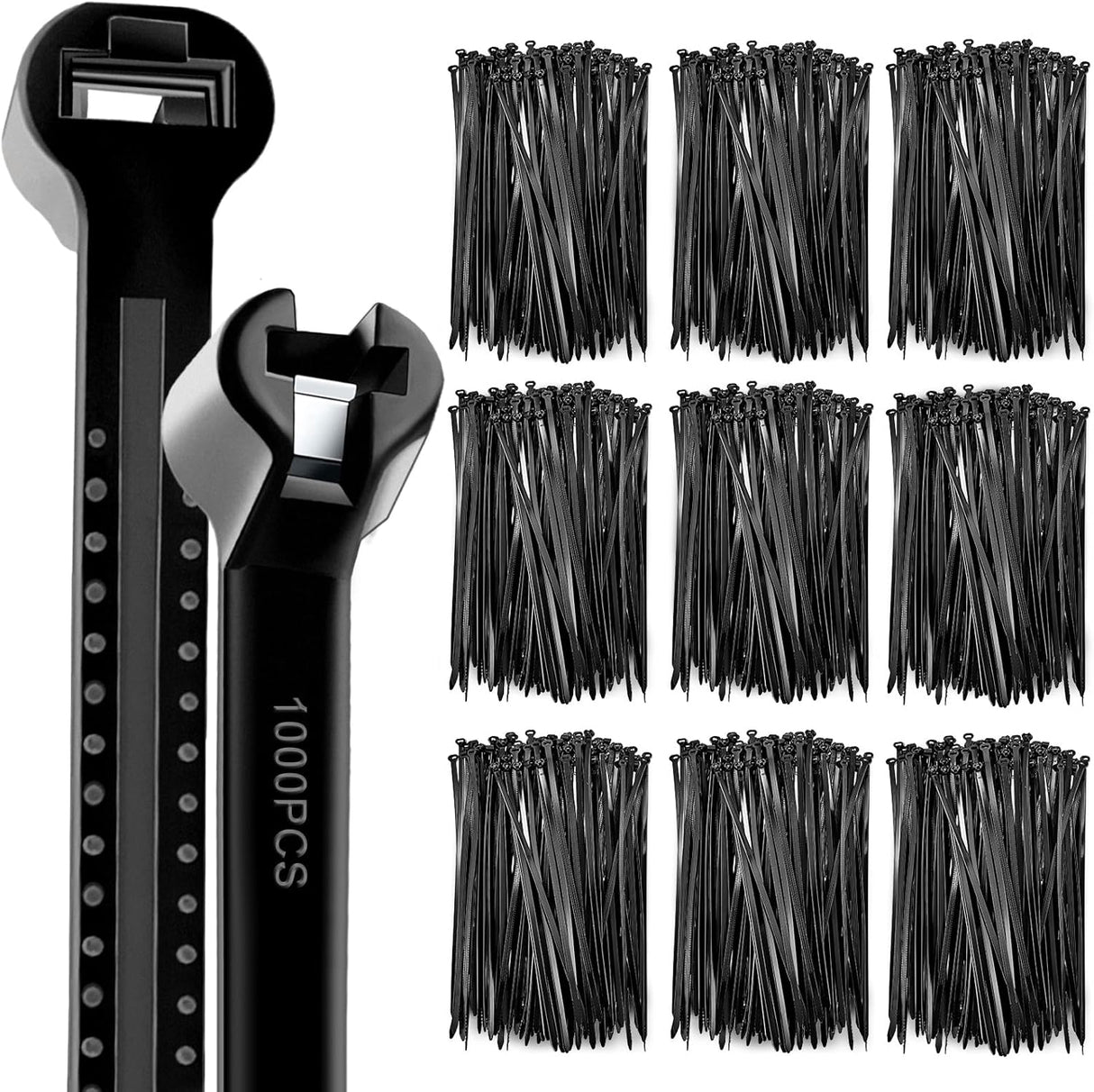1000 Pcs Cable Zip Ties with Metal Tooth Stainless Steel Locking Device, 7 Inch Black Cable Ties, 45 Lbs Tensile Strength, UV Resistant Wire Wraps Multi Purpose for Industrial Indoor Outdoor Use