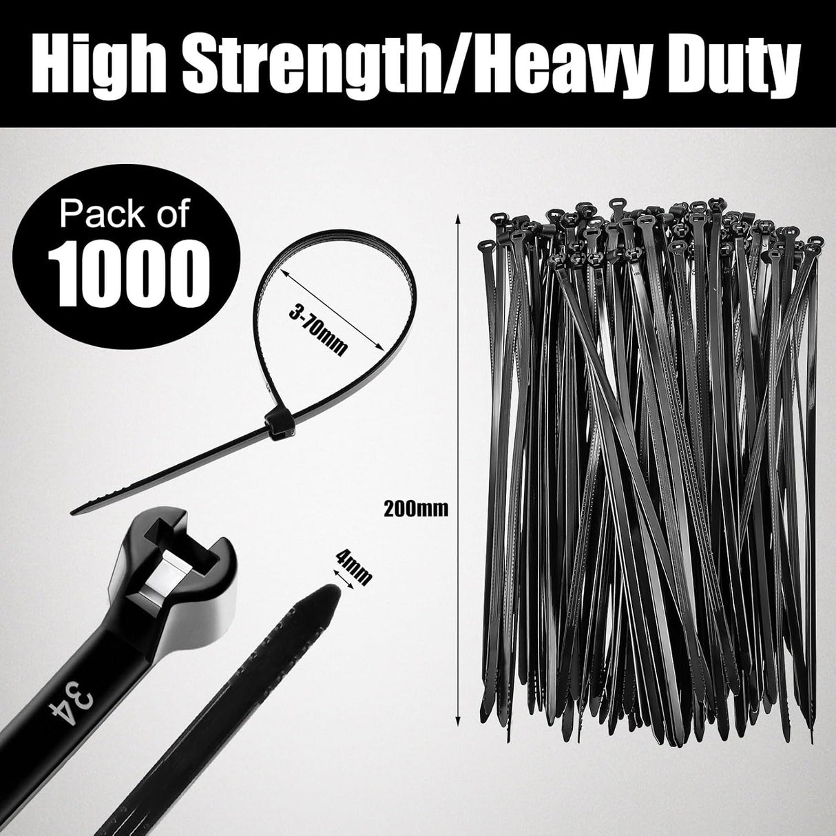 1000 Pcs Cable Zip Ties with Metal Tooth Stainless Steel Locking Device, 7 Inch Black Cable Ties, 45 Lbs Tensile Strength, UV Resistant Wire Wraps Multi Purpose for Industrial Indoor Outdoor Use