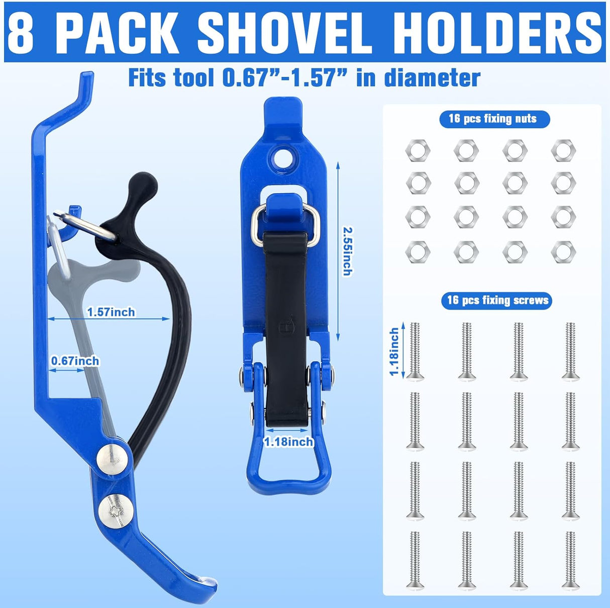 8 Pcs Shovel Holder, Heavy Duty Shovel Mounts for Roof Rack, Quick Release Axe Holder Mount Kit, Metal and Rubber Car Accessories Garage Storage Wall Mounting Brackets Truck