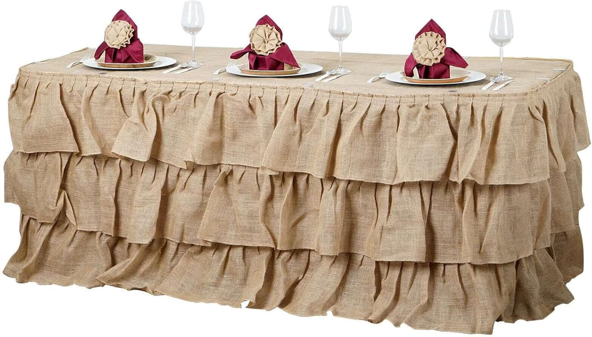 Efavormart 3 Tier Rustic Elegant Ruffled Burlap Table Skirt for Kitchen Dining Catering Wedding Party Decorations Events - 14 Ft