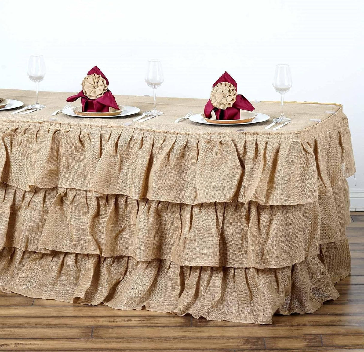 Efavormart 3 Tier Rustic Elegant Ruffled Burlap Table Skirt for Kitchen Dining Catering Wedding Party Decorations Events - 14 Ft