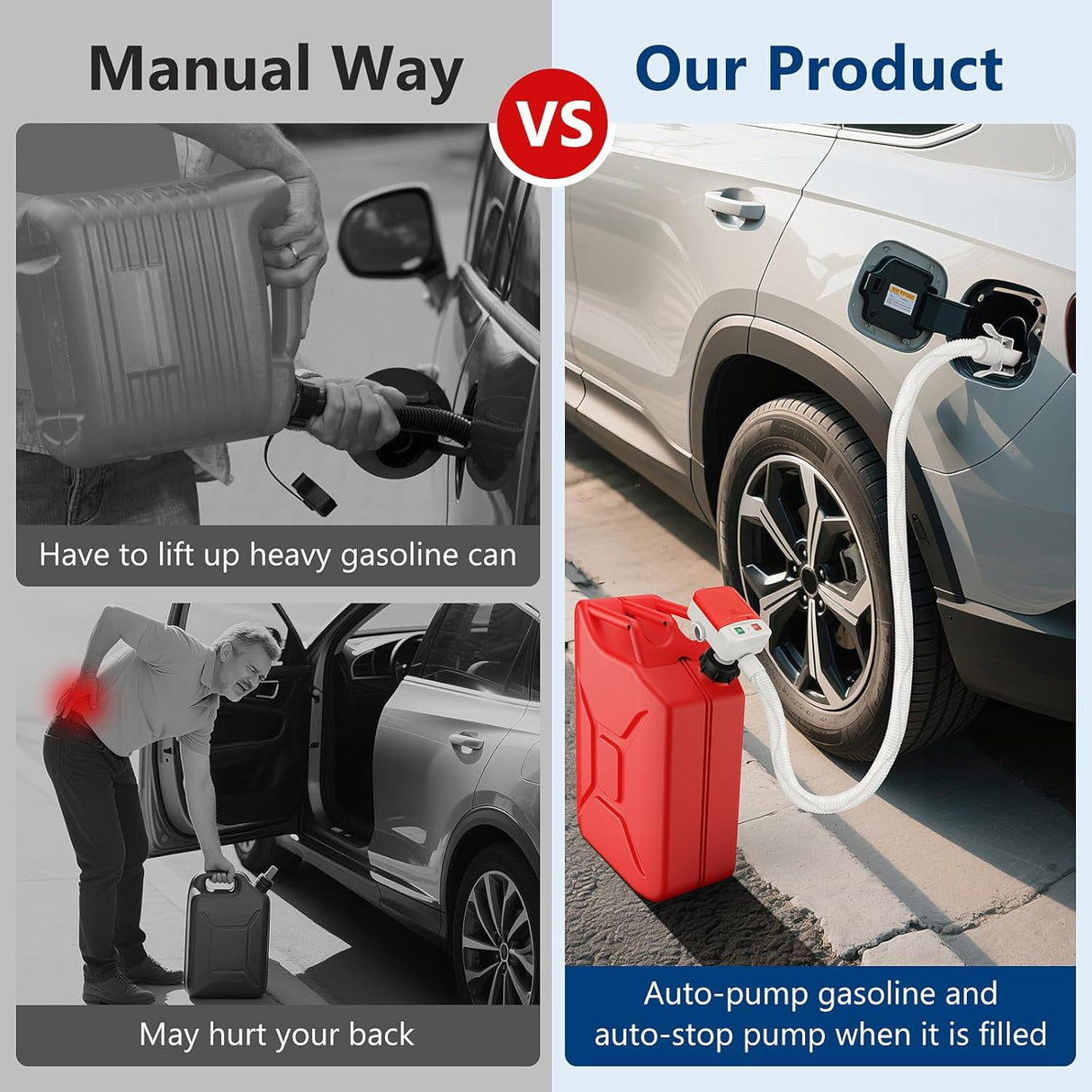 Fuel Transfer Pump with Auto-stop Sensor -3.2 GPM, 3 Tank Adapters, 51" Hose Portable Fuel Pump Battery Operated Liquid Pump, Gas Transfer Pump for Gasoline, Diesel, Oil (Can Not Included)