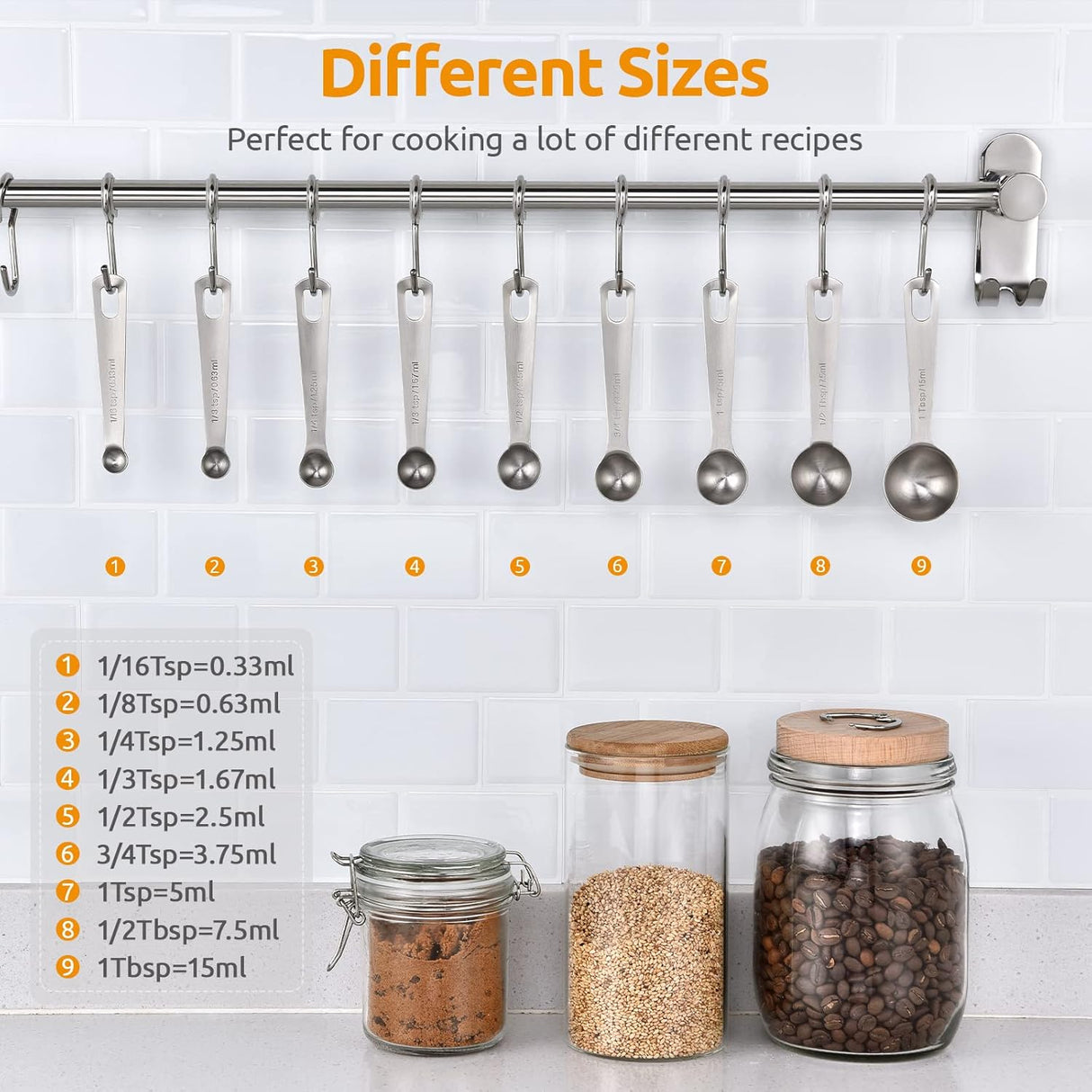 Measuring Spoons: 18/8 Stainless Steel Measuring Spoons Set of 9 Piece: 1/16 TSP, 1/8 TSP, 1/4 TSP, 1/3 TSP, 1/2 TSP, 3/4 TSP, 1 TSP, 1/2 tbsp & 1 tbsp Dry and Liquid Ingredients
