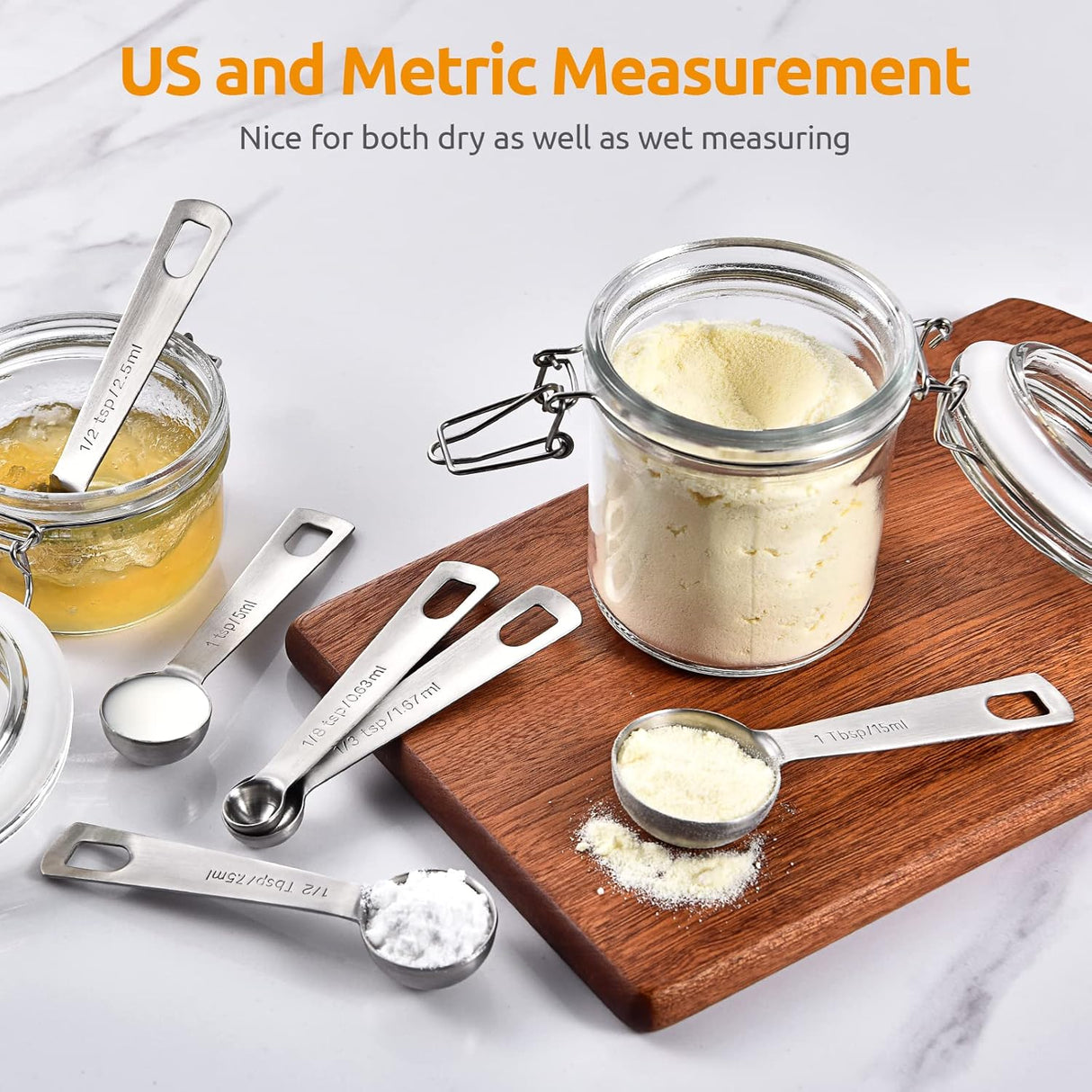 Measuring Spoons: 18/8 Stainless Steel Measuring Spoons Set of 9 Piece: 1/16 TSP, 1/8 TSP, 1/4 TSP, 1/3 TSP, 1/2 TSP, 3/4 TSP, 1 TSP, 1/2 tbsp & 1 tbsp Dry and Liquid Ingredients