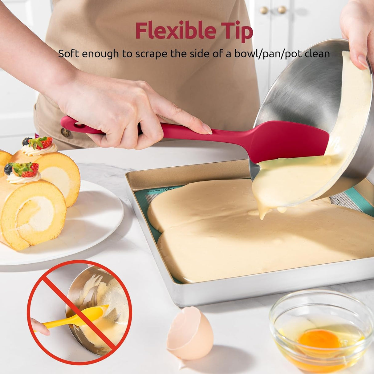 600ºF Heat Resistant Silicone Spatulas: Kitchen Cooking Mixing Utensils (4PCS, Red) and 8"+10"+12" Kitchen Cooking Tweezer: 18/8 Stainless Steel Food-Grade Metal Food Tong (Pointed Tip)