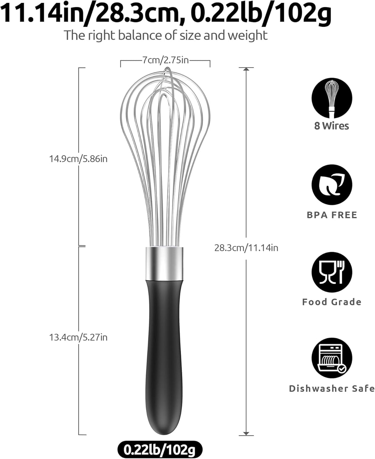 Balloon Whisk for Cooking: 18/10 Stainless Steel Medium Kitchen Wire Whisk (Black) and 8"+10"+12" Kitchen Tweezer: 18/8 Stainless Steel Food-Grade Metal Food Tong (Pointed Tip)