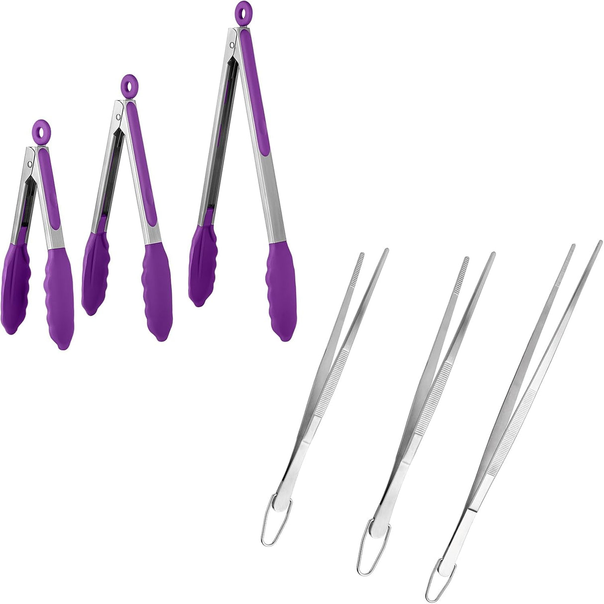 600ºF Heat Resistant 7/9/12 inches Silicone Cooking Tongs with Non Stick Rubber Tips (Purple) and 8"+10"+12" Kitchen Tweezer Set: 18/8 Stainless Steel Food-Grade Metal Food Tong (Pointed Tip)