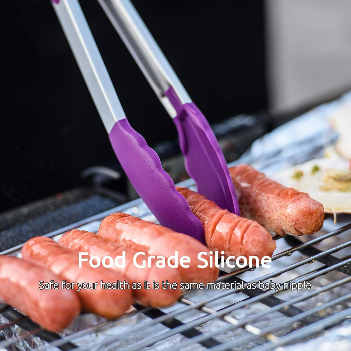 600ºF Heat Resistant 7/9/12 inches Silicone Cooking Tongs with Non Stick Rubber Tips (Purple) and 8"+10"+12" Kitchen Tweezer Set: 18/8 Stainless Steel Food-Grade Metal Food Tong (Pointed Tip)