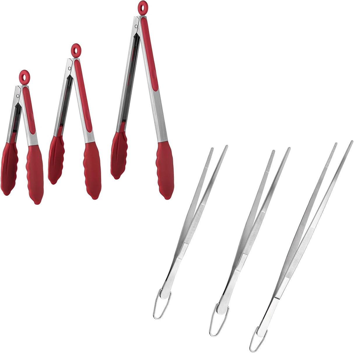600ºF Heat Resistant 7/9/12 inches Silicone Cooking Tongs with Non Stick Rubber Tips (Red) and 8"+10"+12" Kitchen Tweezer Set: 18/8 Stainless Steel Food-Grade Metal Food Tong (Pointed Tip)