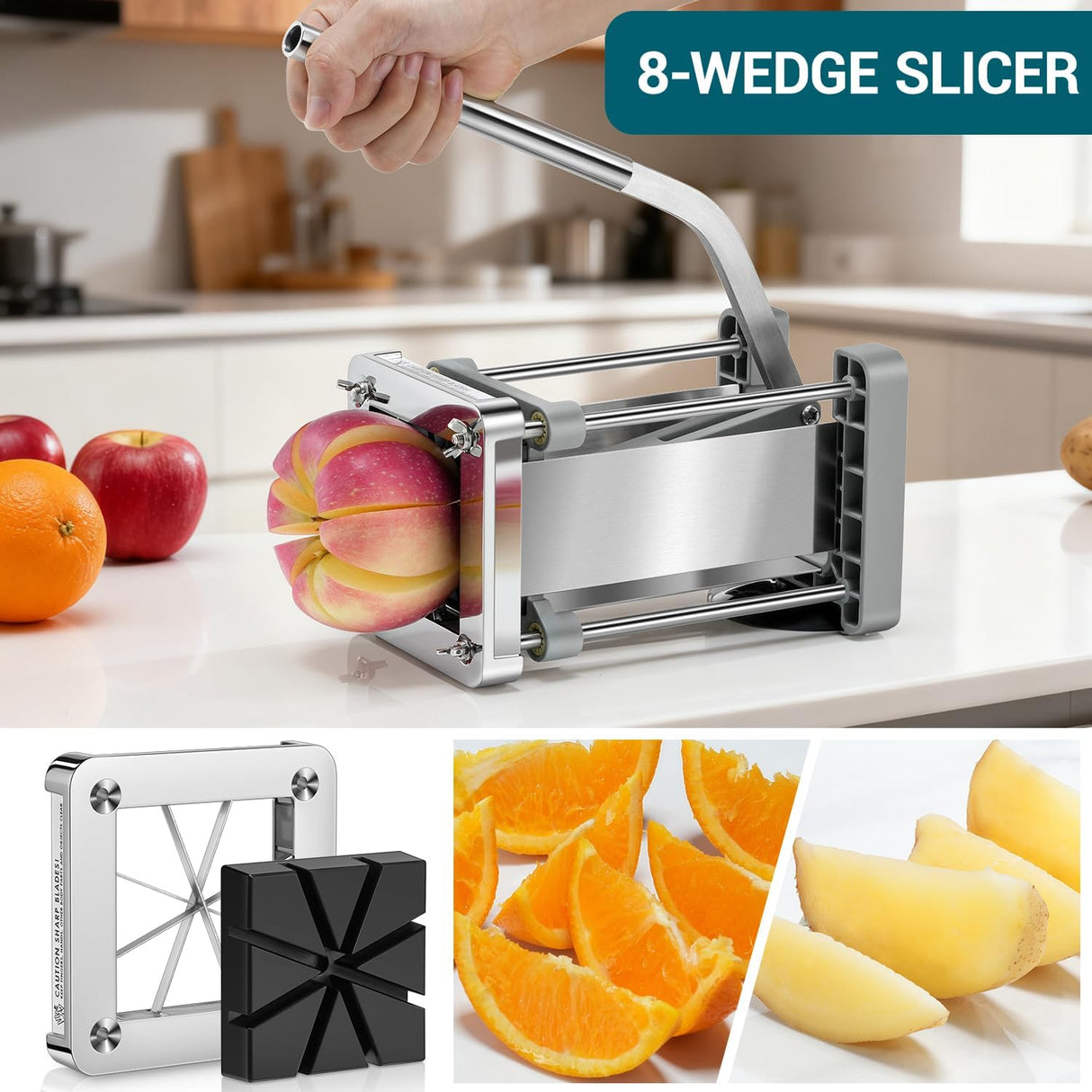 French Fry Cutter, Professional Stainless Steel Potato Cutter with 1/2", 1/4", 3/8" & Wedge Blades for Potatoes, Carrots, Apples