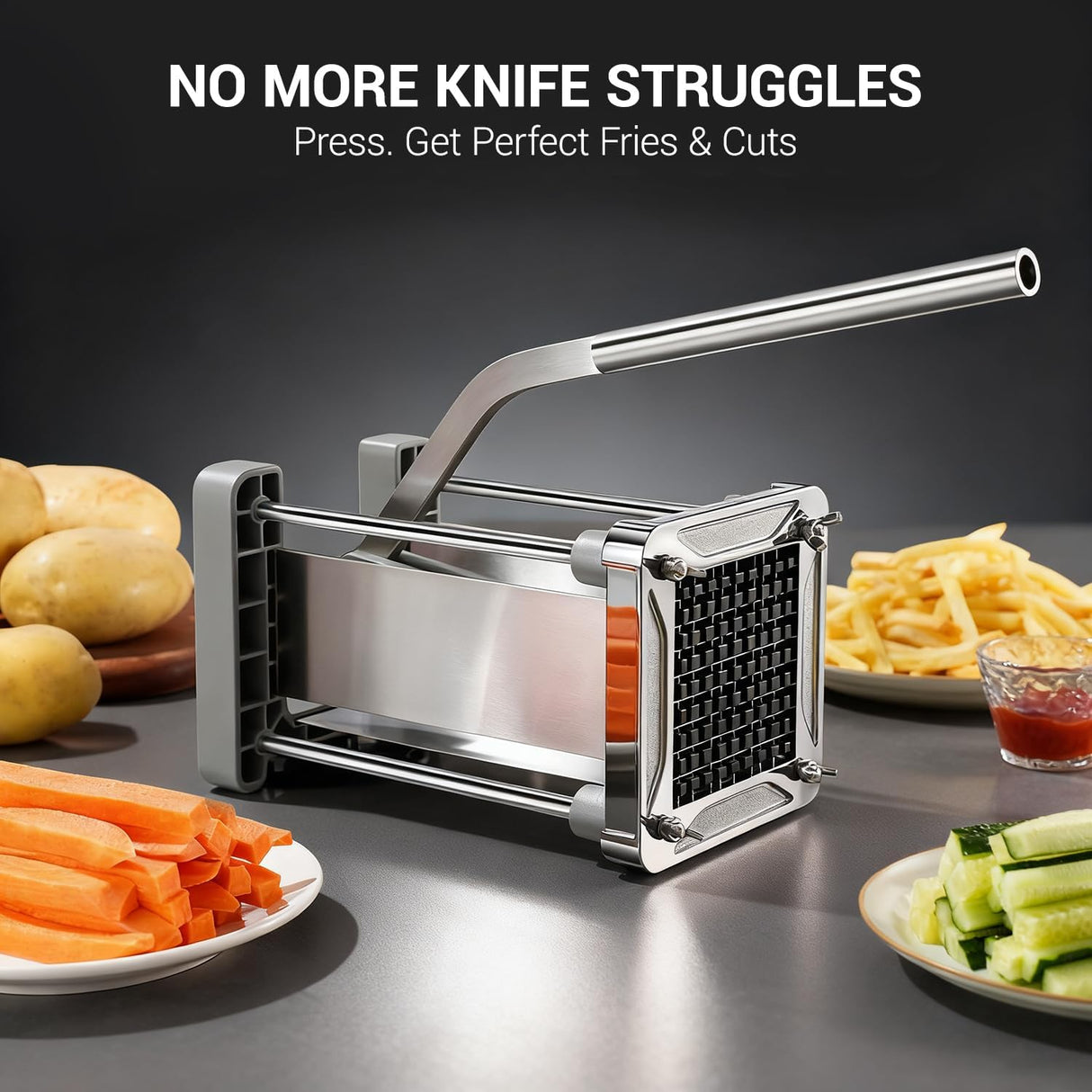 French Fry Cutter, Professional Stainless Steel Potato Cutter with 1/2", 1/4", 3/8" & Wedge Blades for Potatoes, Carrots, Apples